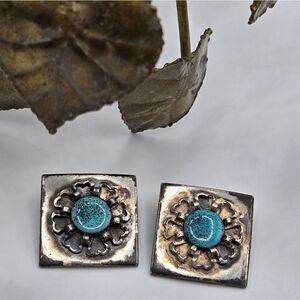 "5/$25" Vintage Pewter Blue Square Clip On Earrings
